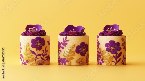 Obraz na płótnie Three mini cakes with bold purple and gold floral details arranged in a row on a radiant yellow background. w salonie