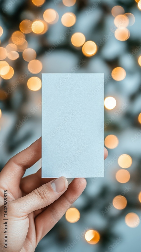 Hand holding a blank card with a cozy cafe backdrop of warm bokeh lights Generative AI Hand holding a blank card with a cozy cafe backdrop of warm bokeh lights Generative AI
