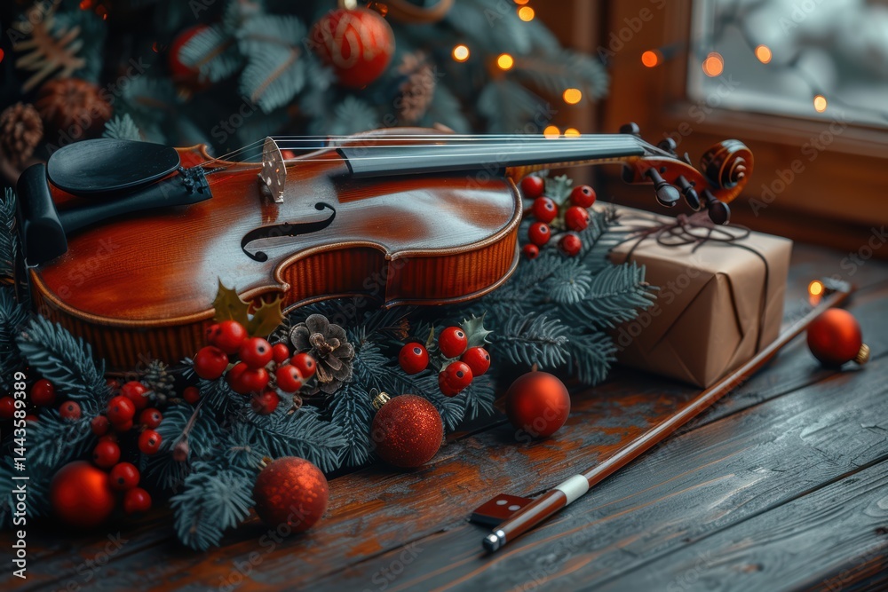 A Beautiful and Festive Violin Arrangement Surrounded by Holiday Decorations and Gifts