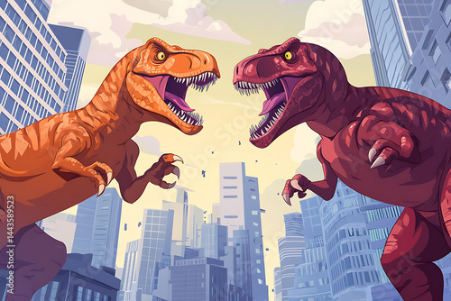 Two animated T-Rex dinosaurs confront each other in a bustling cityscape at sunset