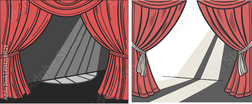 Theater curtain. Luxury red curtains at black dark entertainment scene with spo