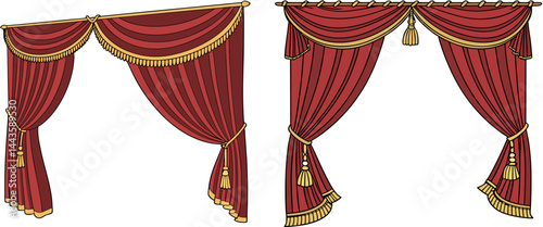 Theater curtain. Luxury red curtains at black dark entertainment scene with spo