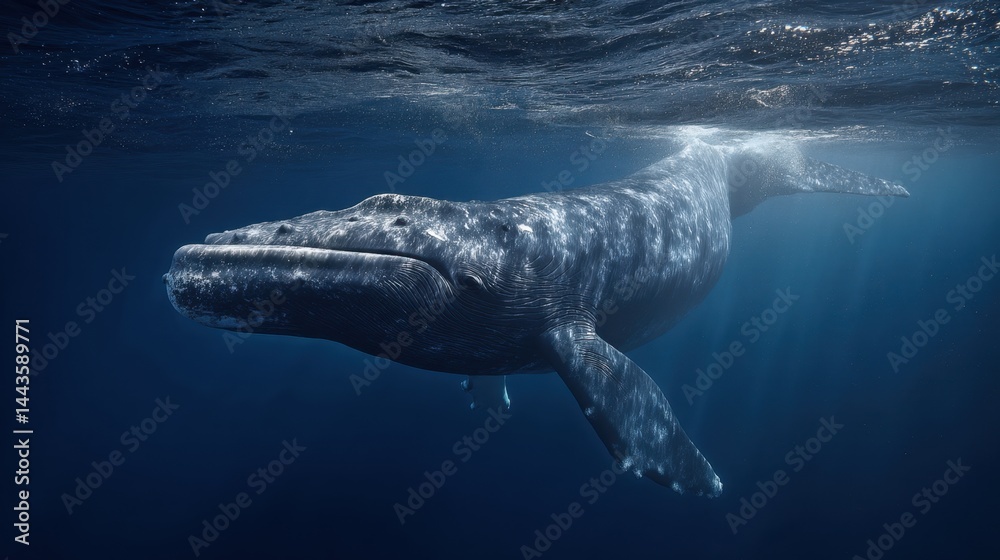 Naklejka premium Humpback Whale Submerged in Deep Blue Ocean