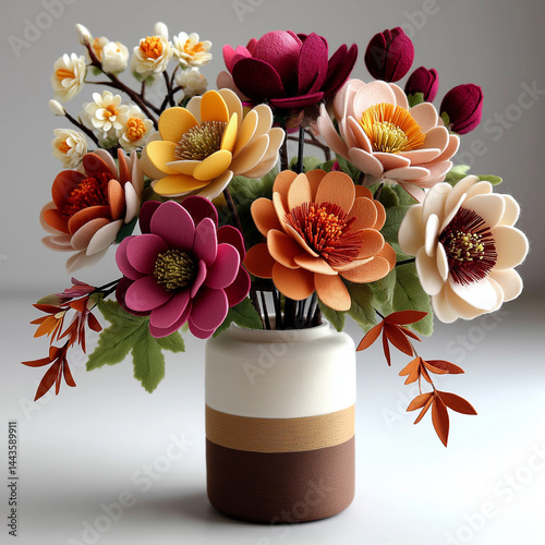 Vibrant bouquet of artificial flowers in a decorative vase on a neutral background