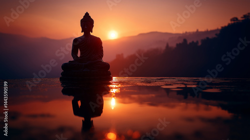Serene Buddha Statue in Dhyana Mudra at Dawn Beneath the Bodhi Tree, Evoking Peace During Vesak Celebrations