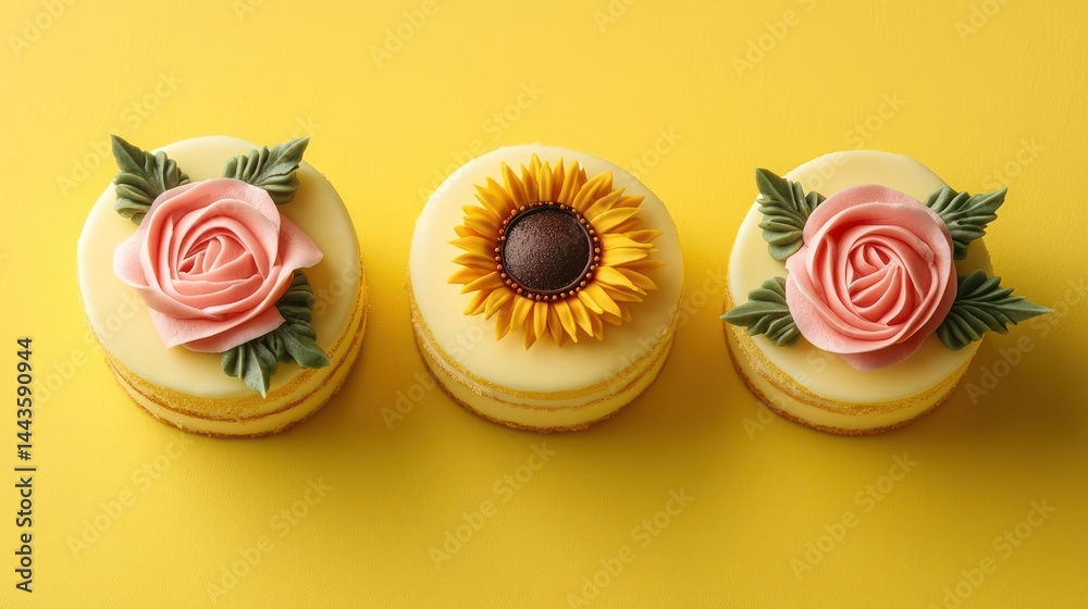 Three mini cakes with sunflower and rose designs arranged symmetrically on a bold yellow background.