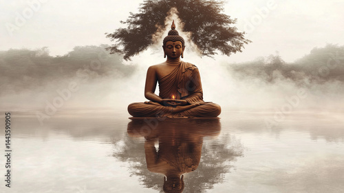 Buddha Statue in Dhyana Mudra Beneath Misty Bodhi Tree at Dawn With Tranquil Water Reflection and Serene Atmosphere
