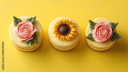 Obraz na płótnie Three mini cakes with sunflower and rose designs arranged symmetrically on a bold yellow background. w salonie