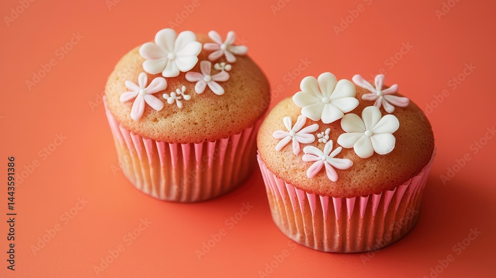 Two cupcakes with delicate pink and white flower designs on a bright orange background with ample negative space.