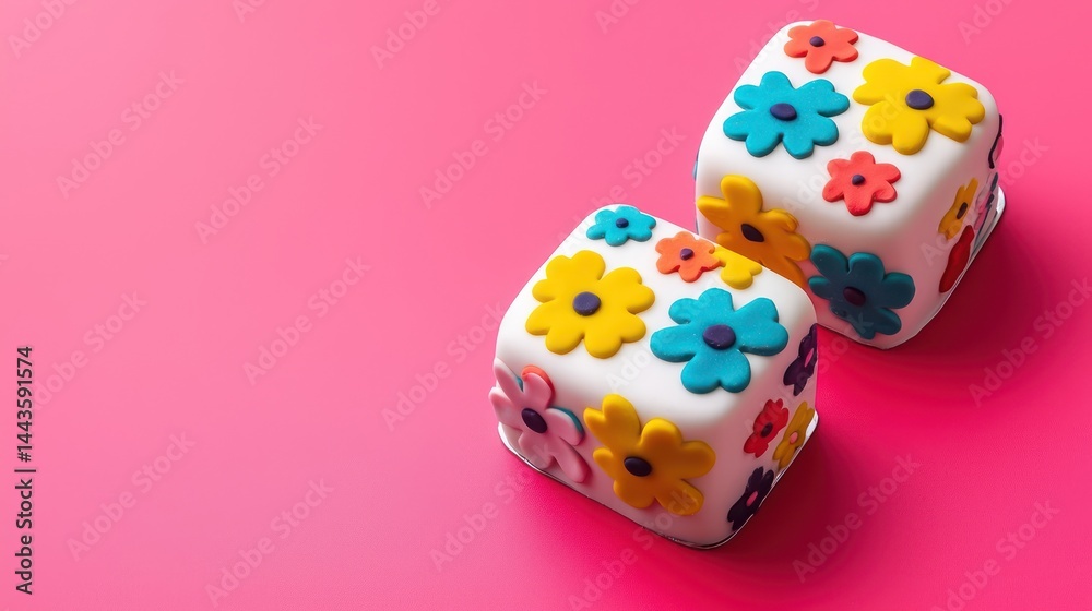 Two mini cakes with multicolored flower patterns placed diagonally on a bright pink background.