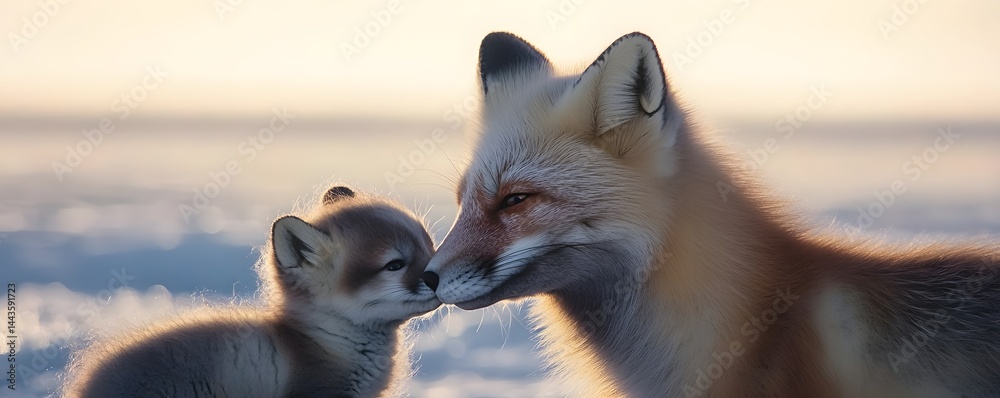 Obraz premium Mother fox gently nuzzles noses with her adorable kit