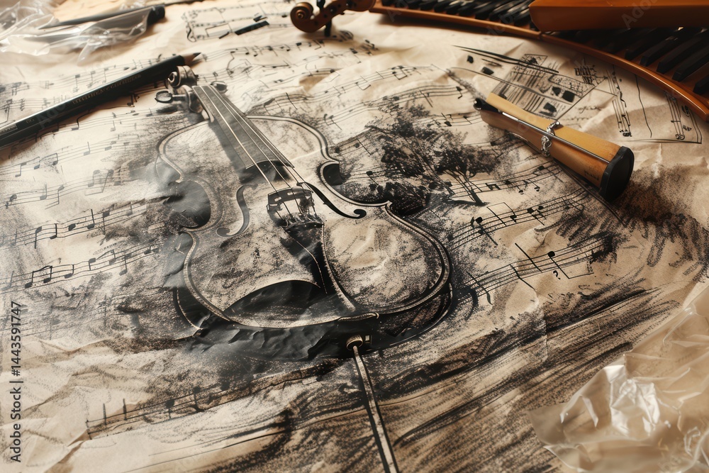 An Artistic Representation of a Guitar Created using Charcoal and Various Mixed Media Techniques