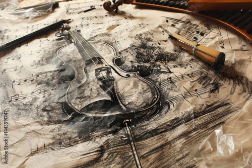 Obraz na płótnie An Artistic Representation of a Guitar Created using Charcoal and Various Mixed Media Techniques w salonie