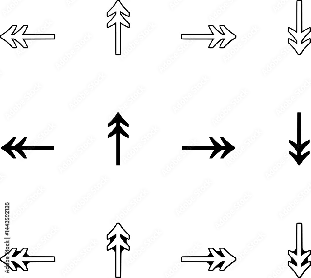 Arrow icons pointing up, down, left, and right in outline, solid, and shadow styles arranged in a 3×4 grid Arrow icons pointing up, down, left, and right in outline, solid, and shadow styles arranged in a 3×4 grid