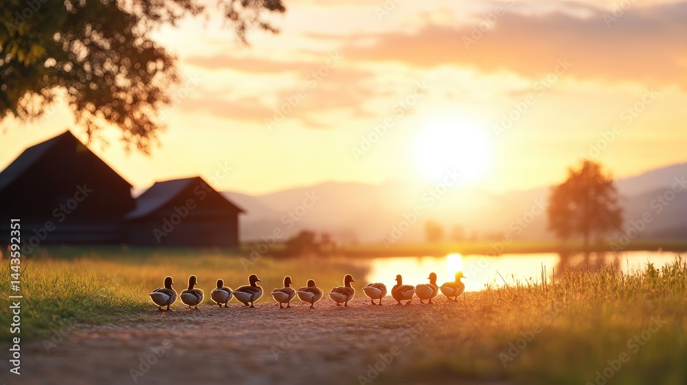 Fototapeta premium A line of ducks walking along a country road at sunset