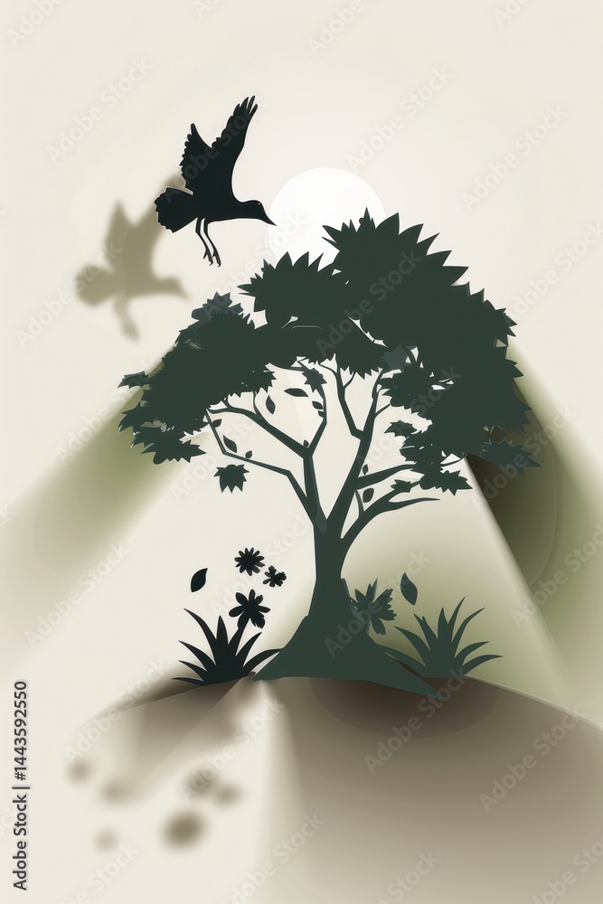 Elegant Silhouette of a Tree with a Beautiful Bird and its Shadow in the Background