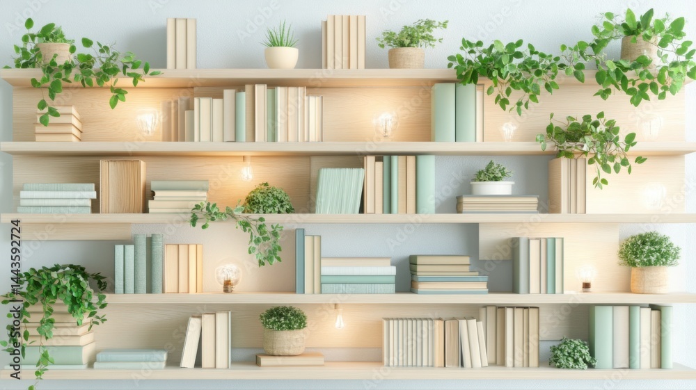 Fototapeta premium Stylish bookshelf with greenery and warm lighting for a cozy reading space Generative AI