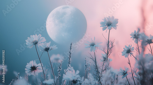 Moonlit Blooms: Delicate white flowers reach skyward in a dreamy, soft-focus scene, bathed in the ethereal glow of a full moon, creating a serene, romantic atmosphere.