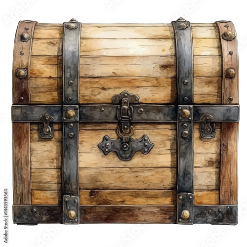 illustration of Sea Chest With Metal Reinforcements, watercolor vector, isolated on a white background.
