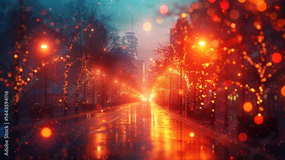 A Rainy City Street Lined with Glowing Lights and Beautiful Bokeh Effects All Around