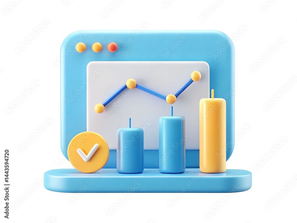 Modern 3D Analytics Chart Icon with Checkmark for Data Analysis and Business Growth Design Modern 3D Analytics Chart Icon with Checkmark for Data Analysis and Business Growth Design