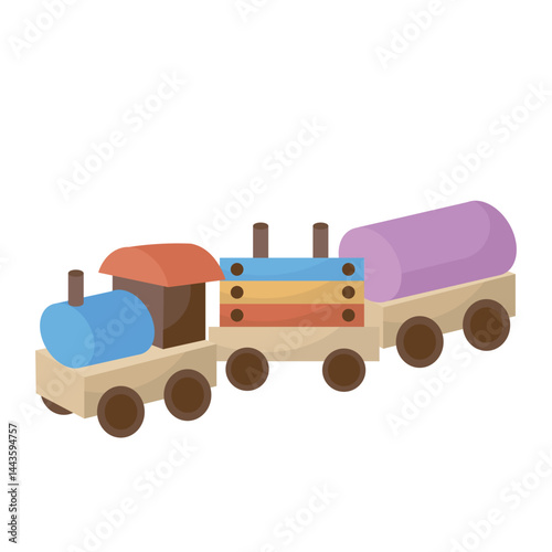 Toy wooden train in flat design. Baby plaything of locomotive with wagons. Vector illustration isolated.