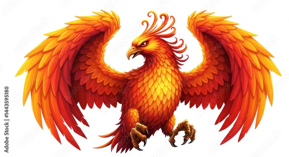 Fototapeta premium Majestic Firebird Illustration - A vibrant illustration of a firebird, wings outstretched, displaying fiery orange and yellow plumage. Perfect for fantasy, mythology, or power-related themes