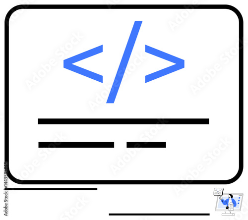 Coding tag with snippets highlighting programming themes, accompanied by tiny desk computer visuals. Ideal for web development, programming education, innovation, design collaboration, HTML