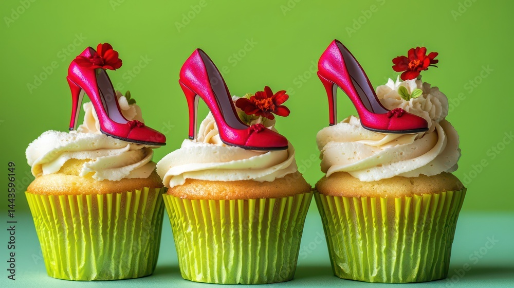 Vibrant cupcakes topped with tiny red pumps and edible flowers, arranged on a bright lime green celebratory backdrop.