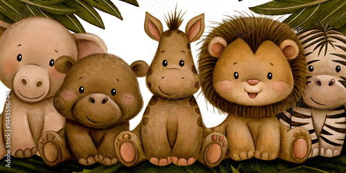 Cute Watercolor Baby Jungle Animals – Giraffe, Elephant, Lion, Zebra, and Hippo with Tropical Leaves