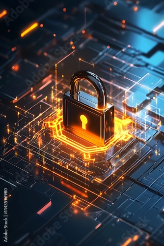 Cybersecurity Digital Lock Glowing on Circuit Board