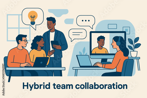 Hybrid team collaboration. Vector illustration of in-office and remote professionals working together. Great for HR, tech, and flexible work culture.