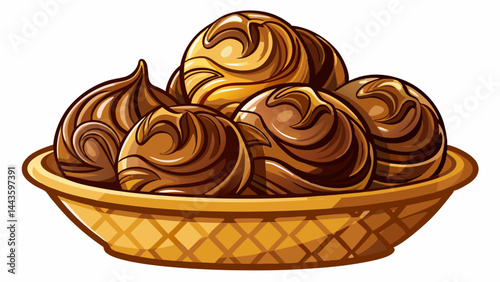 Creamy chocolate scoops rest in a golden waffle bowl.
Deep brown swirls shine with irresistible gloss.
The crispy basket adds warmth and texture.
A perfect pairing of flavor and form. White background