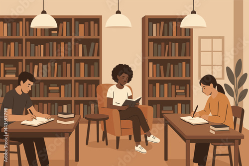 Library and study zone vector illustration with bookshelves, reading corners, students taking notes, and quiet atmosphere for focused study