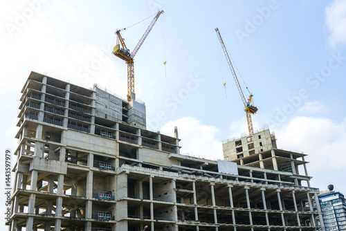 Construction of a new reinforced concrete high-rise building, unfinished building frame