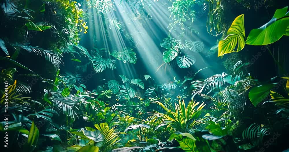 Sun rays shining through the lush green canopy of a tropical rainforest ...
