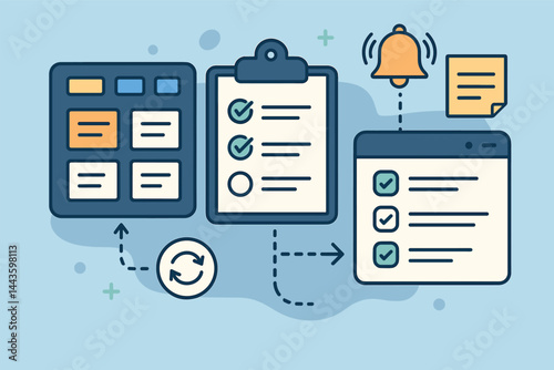Workflow automation and task management. Vector illustration of digital boards, reminders, and checklists. Useful for startup founders and project managers.