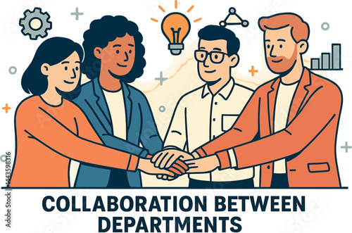 Collaboration between departments. Vector illustration of cross-functional teams and unity. Suitable for internal communications and company values.