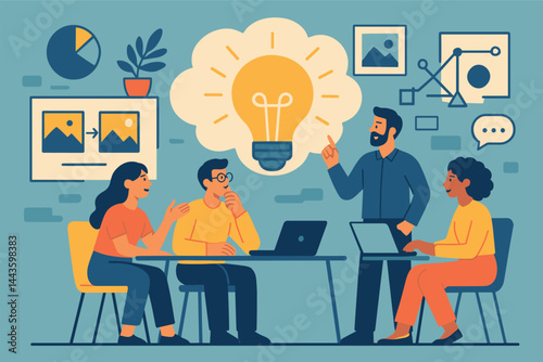 Team brainstorming in creative environment. Vector illustration of idea storming, teamwork, and design. Great for innovation labs and marketing teams.