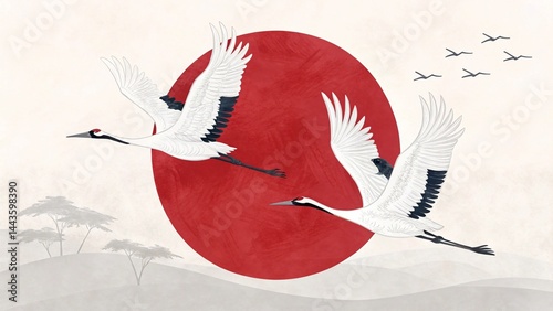 Minimalist Japanese-style painting of red sun (hinomaru) with two elegant white cranes flying, simple and powerful composition