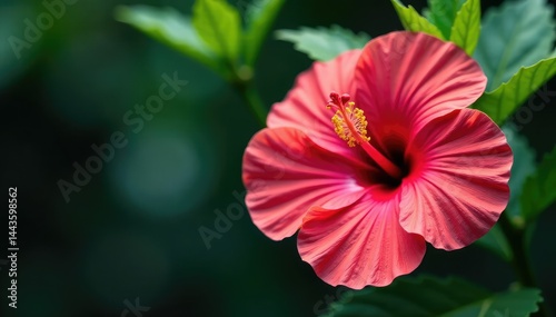 Intricate hibiscus blossoms, vibrant petals, lush leaves , petals, beauty, red