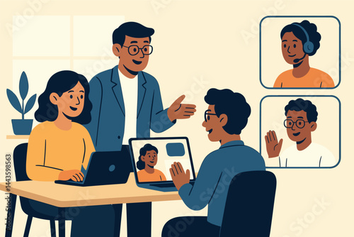 Hybrid team collaboration. Vector illustration of in-office and remote professionals working together. Great for HR, tech, and flexible work culture.