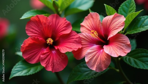 Intricate hibiscus blossoms, vibrant petals, lush leaves, floral design, print, style