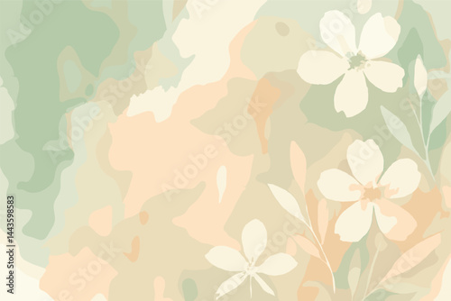 Soft abstract watercolor design for fashion and beauty web banners, with natural brush textures, muted green and peach tones, and floral overlays