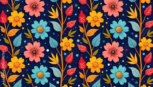 Intricate floral pattern, vibrant hues, continuous repeat, surface pattern, art, nature