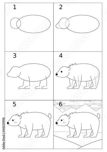 instructions on how to draw a cartoon polar bear, step-by-step tutorial, coloring book for children
