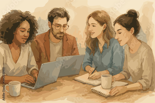 Elegant watercolor illustration of creative professionals working together at a shared desk with laptops, coffee mugs, and notebooks