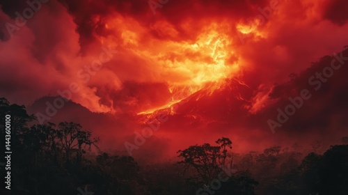 Volcanic eruption, fiery sky, dramatic landscape photo