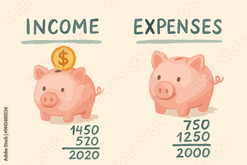 Stylized watercolor composition of income versus expenses, piggy banks, and handwritten numbers, suited for personal finance blogs and feminine business templates