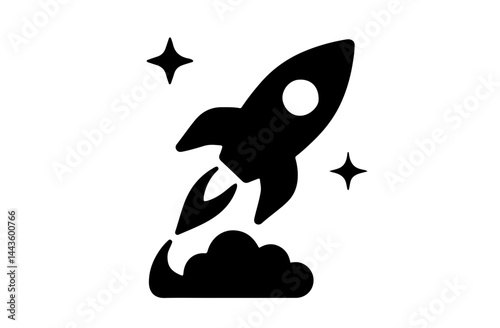 Black rocket launch icon with smoke trail and stars in flat minimal style
